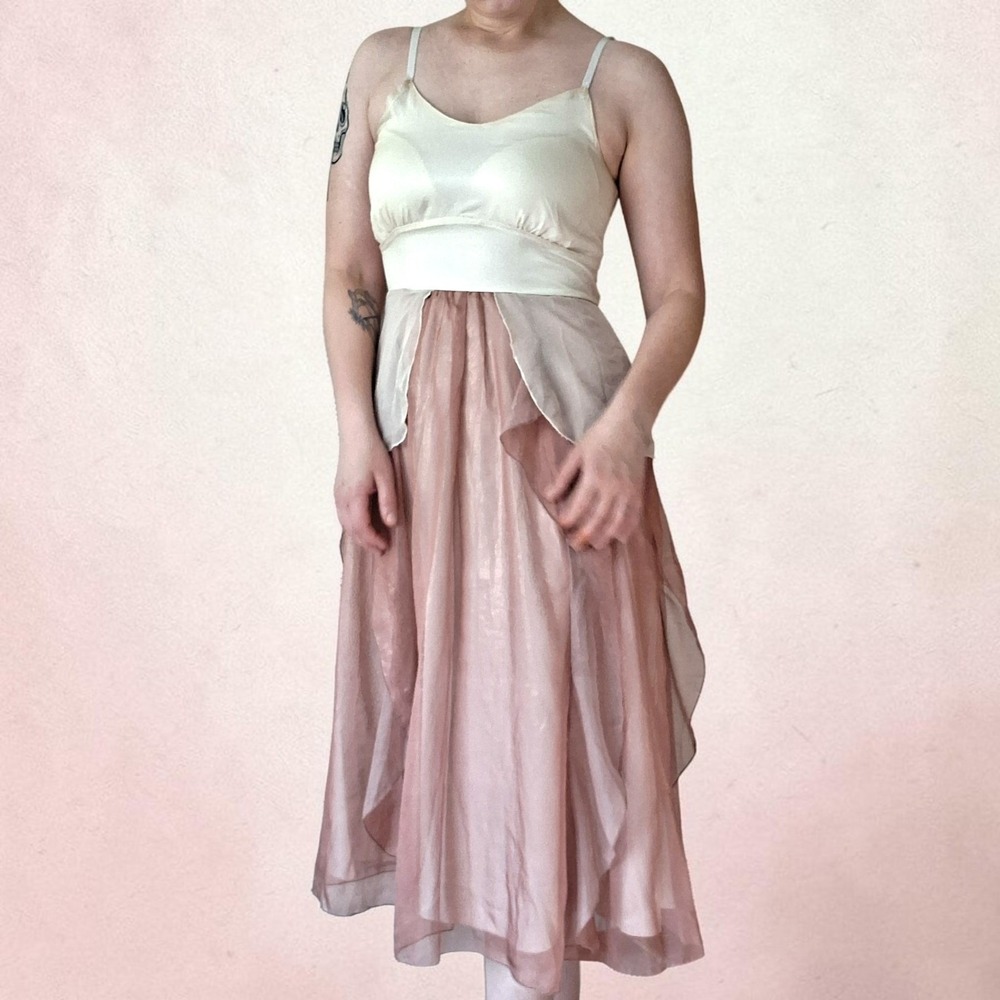 Vintage Y2K Dusty Rose Pink Cream Ivory Organza Layered Midi Dress Fairycore M - Picture 11 of 16